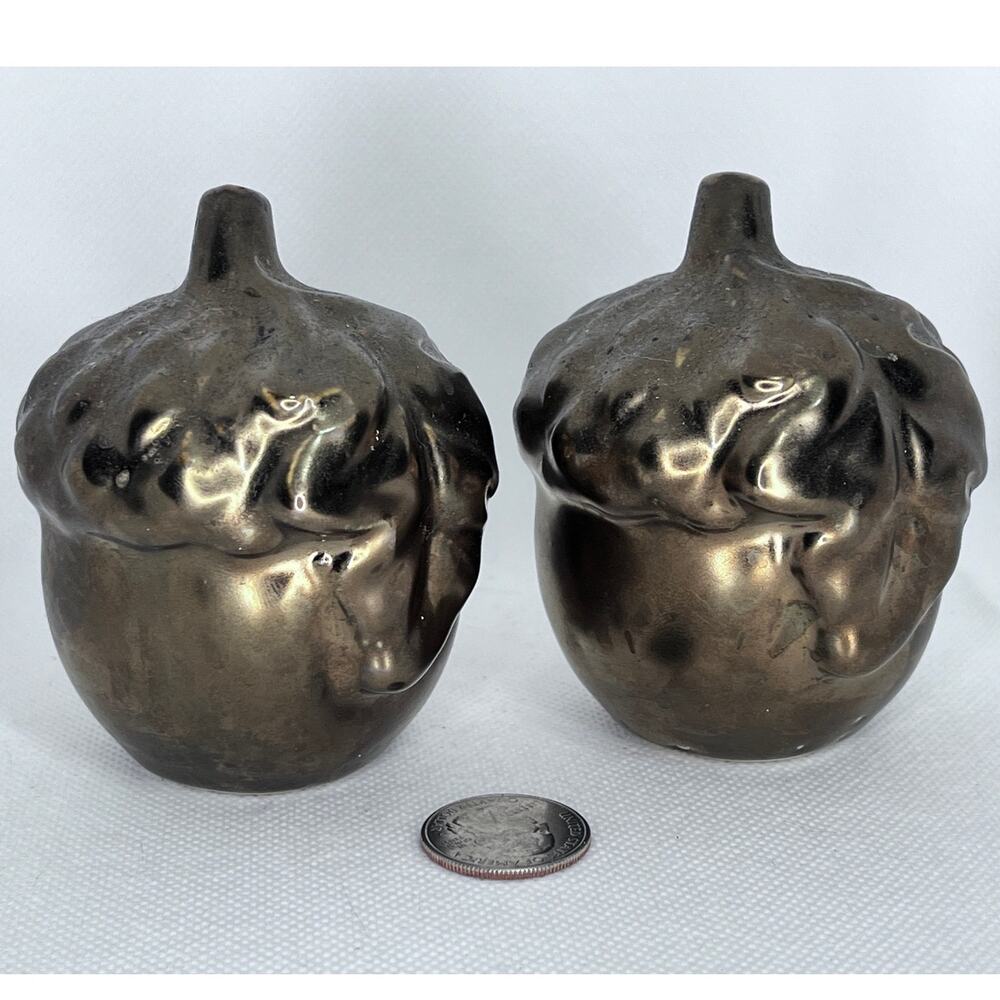 Metallic Gold Bronze Acorn Salt & Pepper Shakers - Stoneware 1980s Vintage